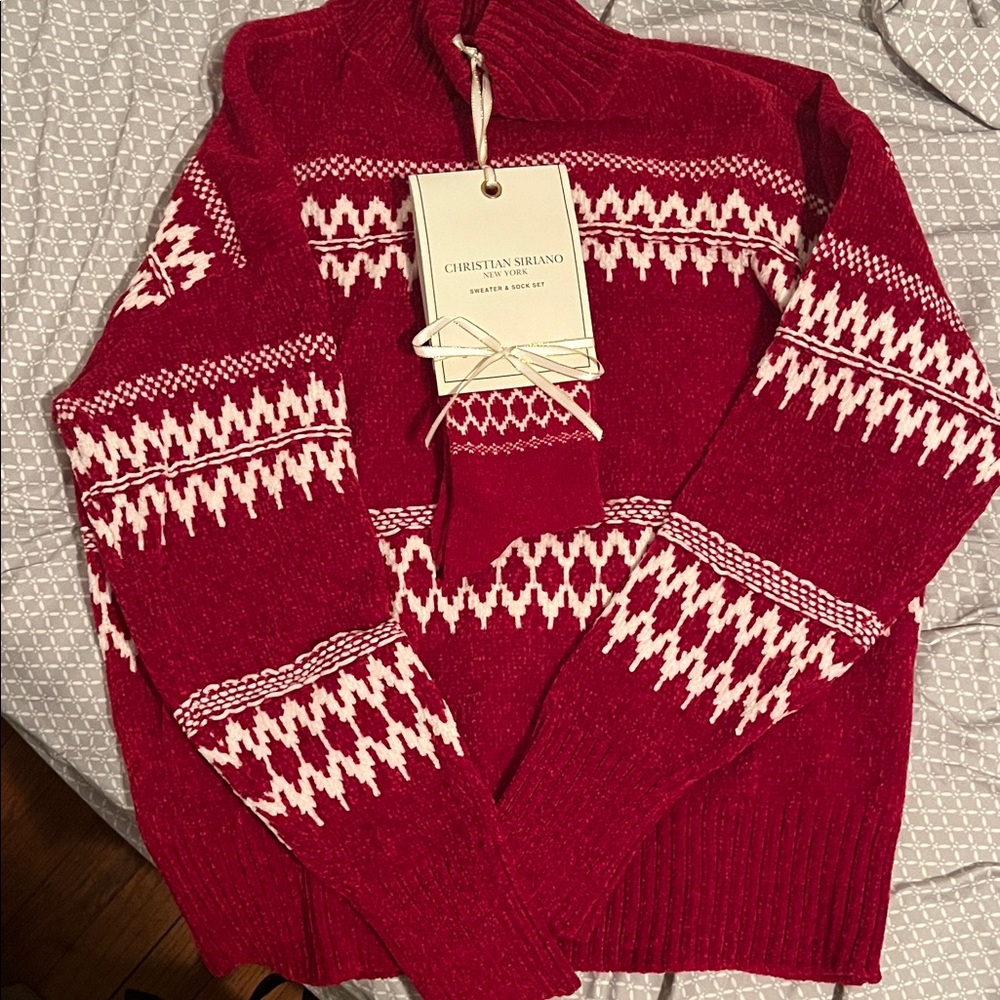 Christian Siriano Red and Cream Sweater and matching socks